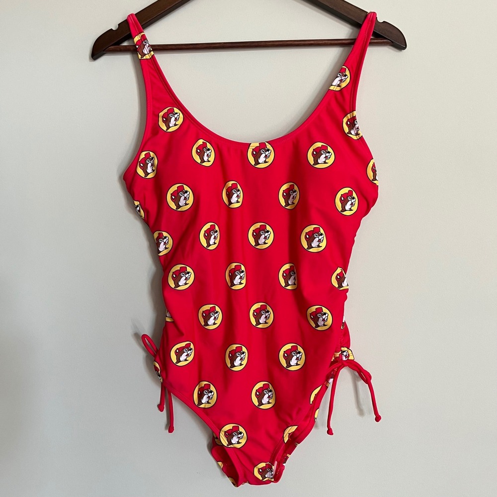 Buc-ee's Women Red Logo Print Ruched Side One Piece Swimsuit Size Large